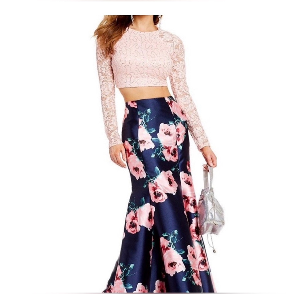 Floral pink and navy B darlin prom dress